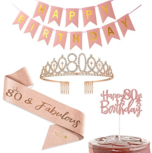 80th Birthday Party Favor Supplies With Sash, Tiara Crown, Rose Gold Cake Topper, Banner - Party Decoration Gift for Women