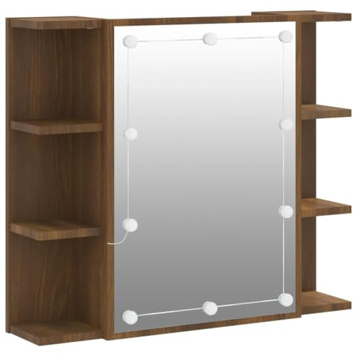 vidaXL Spiegelschrank mit LED, Wandschrank für Badezimmer, Badschrank mit viel Stauraum, Badezimmerschrank Spiegel Badmöbel Wandmontage, Braun Eichen-Optik