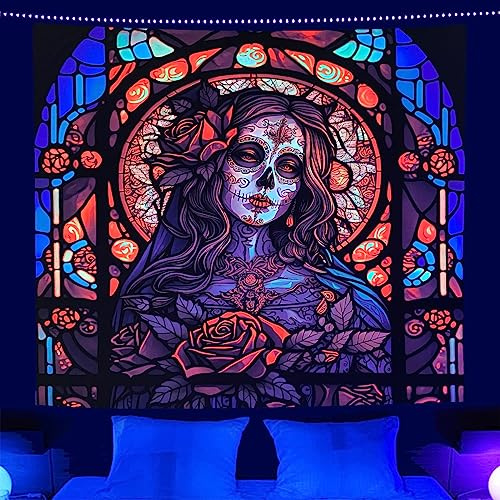 Dixutzi Blacklight Skull Tapisserie Wandbehang, UV-reaktiver Skelett-Wandteppich für Schlafzimmer, ästhetisch, Schwarzlicht-Poster für leuchtende Party-Hintergrund, Hippie-Dekor, Wohnzimmer (94 x 73,7