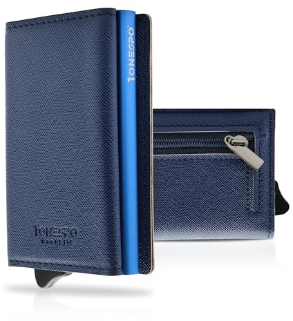 1ONESPO MAGNETIC Portafoglio uomo piccolo - Porta Carte di Credito uomo con Portamonete e Contanti - Protezione RFID 8 tessere, Blu SAFFIANO