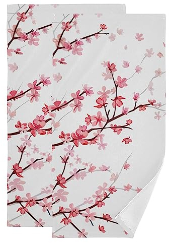 NISENASU Rosa Kirschblüten-Handtücher für Badezimmer, 2er-Set, florale Sakura-Blüten, Bäume, Zweig, asiatischer Stil, Tradition, Kunstwerk, weich, klein, Badetuch-Set, Waschlappen, dekoratives