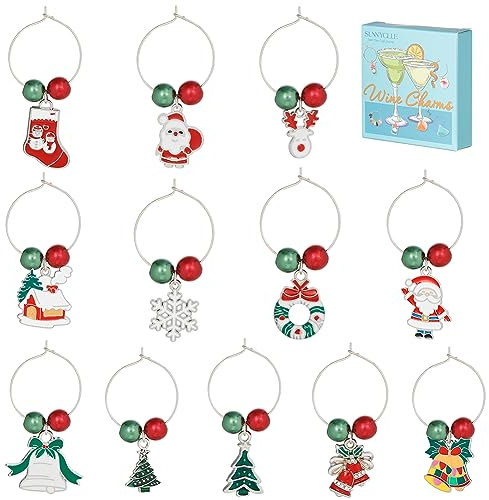 SUNNYCLUE 1 caja 12 juegos de Dijes de Vino de Navidad Identificadores de Bebidas Marcadores de Copa de Vino de Plata Esmalte Árbol de Navidad Cuentas Rojas Y Verdes Anillos de Abalorios de Copa de Vi