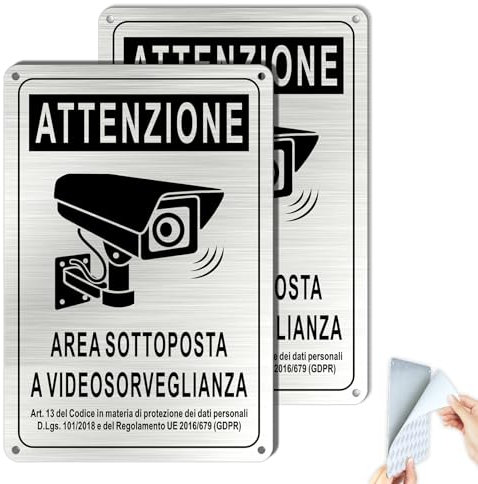 SINMAO Cartello Area Videosorvegliata GDPR per Interni ed Esterni Metallo Spazzolato Adesivo Alluminio 5.9x8.67inch 2 pezzi