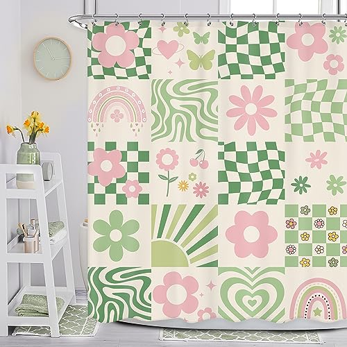 Newsely Duschvorhang im Retro-Stil, niedlich, grün-rosa Blume, 152,4 x 183,9 cm, abstrakt, 70er-Jahre, dänisches Pastellkaro, ästhetisch, Regenbogen, groovig, Badezimmer-Set, Mädchen, wasserdicht,