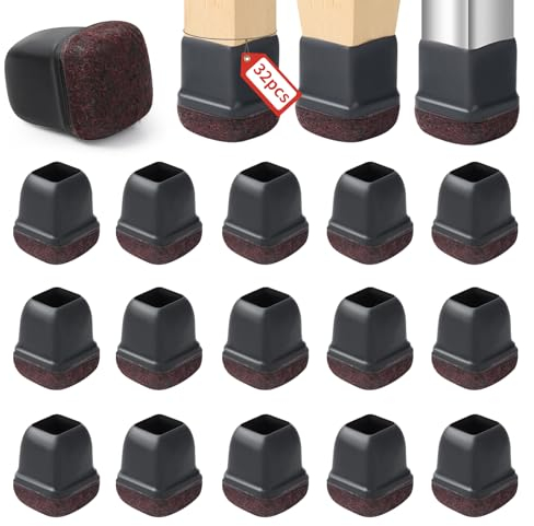 Ezprotekt Stuhl-Filzgleiter, Φ 28-37mm Silikon-Bodenschoner, Stuhlbeinkappen, Filzunterseite, weiche Thermo-Kunststoff-Elastomer-Möbelbeinfüße, Keine Kratzer, quadratisch, Schwarz, 32 Stück
