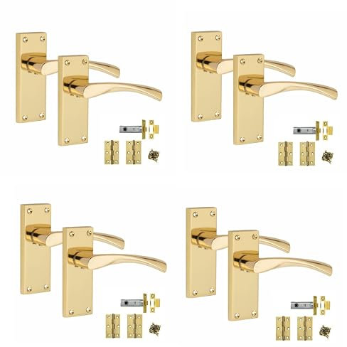 Golden Grace Victorian Scroll Astrid Door Handles Latch in Polished Brass with 1 Pair of 3 Standard Butt Hinges & Latches Pack, 4 Sets - 120mm x 40mm Backplate
