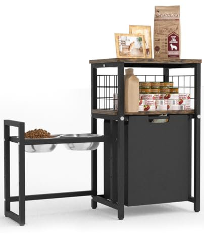 Sungaryard Elevated Dog Bowls Toy Basket Pet Feeding Station, Adjustable Dog Raised Bowl Stand with Pet Storage Organizer for Large Medium Small Dogs and Cats, Black (Include 2 Food Bowls)
