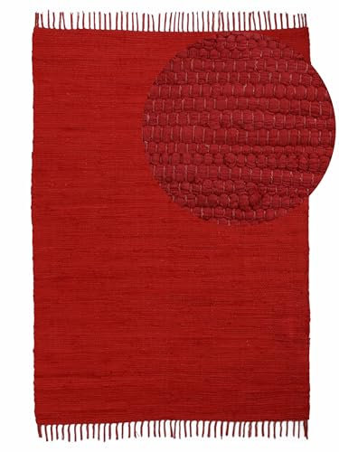 carpetfine Flickenteppich Kelim Chindi Uni Rot 190x290 cm, handgewebt | Fleckerlteppich aus Baumwolle für Wohnzimmermit Fransen
