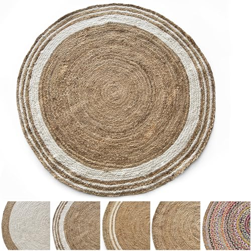 KARAT Jute Teppich rund Bastteppich aus 100% Naturfaser - geflochten Boho Juteteppich, Handgewebter Naturteppich für Küche & Wohnzimmer robust & reißfest Ø 90cm (Delhi)