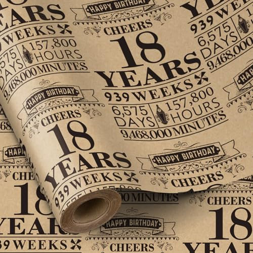 RUSPEPA Geburtstags-Geschenkpapierrolle, Mini-Rolle, schwarzes Kraft-Geschenkpapier mit 18-Jahre-Design, ideal für Geburtstage, Partys, Feiertage, 43,2cm x 5m, 18. Geburtstag