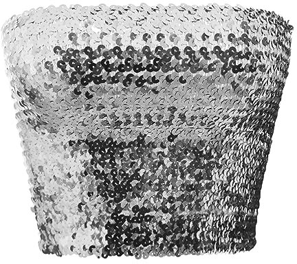 JIAHG Damen Glitzer Pailletten Crop Top Ärmellos Bandeau Sexy Trägerlos Tube Schulterfreies Bustier für Bauchtanz, Boho, Festival, Club, Kostüm (Silber)