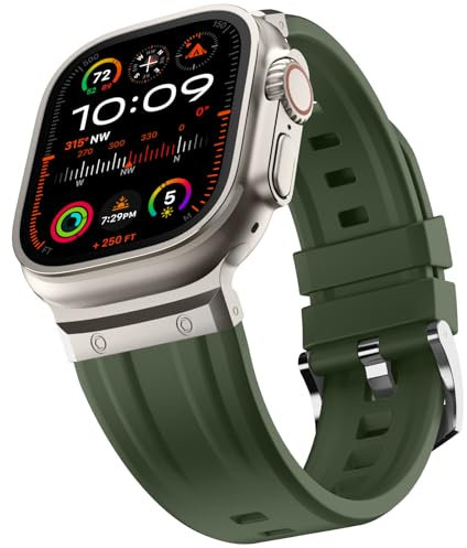 Tasikar Deportiva Correa Compatible con Apple Watch Ultra Band 49mm 46mm 45mm 44mm 42mm, Acero Inoxidable Silicona de Repuesto Correa para iWatch Ultra 2 Ultra Serie 10 9 8 7 6 5 4 3 SE,Verde militar