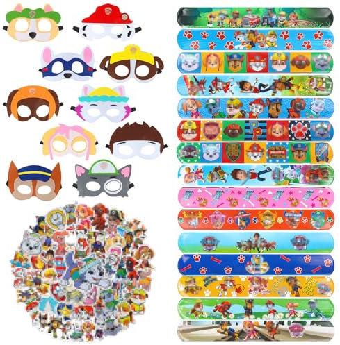 JunMallko Pat Patrouille Cadeau Fête pour Enfants, Paw Décoration Anniversaire, 10 x Pat Masques, 15 x Pat Slap Bracelets, 50 x Pat Autocollants