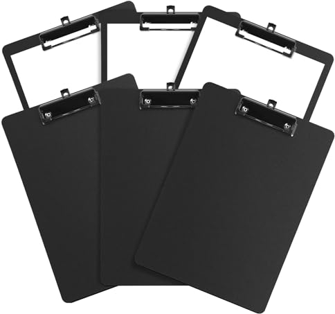 FRETONBA Portapapeles con Pinza A4, 6 Piezas Carpeta de Plástico, Tablero de Escritura con Ganchos Retráctiles, A4 Clipboards para Oficina, Hospital, Aulas (Negro)