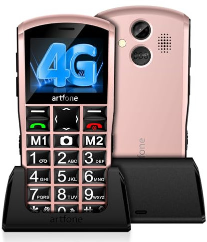 artfone A400 4G Seniorenhandy ohne Vertrag, 2.4Zoll Farbdisplay Großtastenhandy mit Ladestation, SOS Notruffunktion, Taschenlampe, 2MP-Kamera, Stereo-Lautsprecher, Zeittaste-Rose