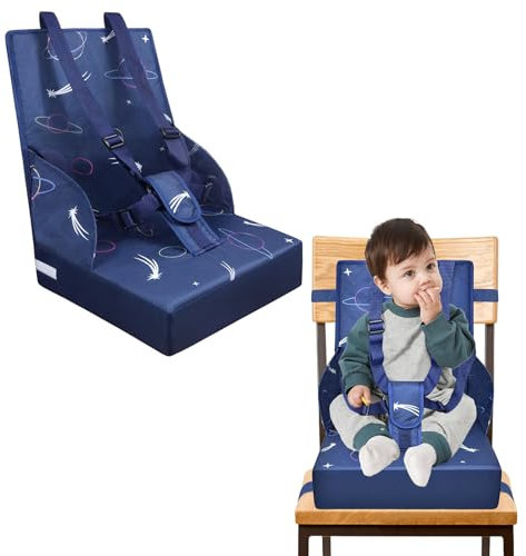 YUENFONG Baby Sitzerhöhung, Kinder Sitzkissen 3 Punkt Sitzgurt Stuhl Faltbar, Stuhlerhöhung Tragbare Kindersitzkisse mit Rückenlehne, Boostersitze für Unterwegs, Zu Hause, Blau