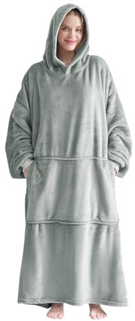 Good Nite Decke mit Ärmeln für Frauen und Männer Sherpa kuscheldecke Tragbare Decken Adult Cosy Sweater Tragbare Warm Decken Übergroßer hoodie mit Taschen Grau Flannel-90x130 cm