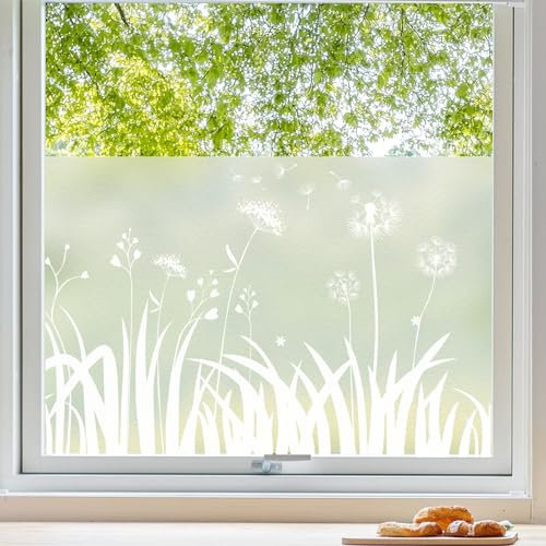 Linarun Fensterfolie Blickdicht Sichtschutzfolie Fenster Löwenzahn-Muster Milchglasfolie Selbstklebend Fenster Statisch Folie ohne Klebstoff Klebefolie Fenster für Bad, Büro, Küche