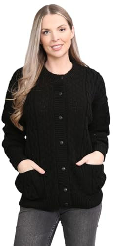 Crazy Fashion Women’s Long Sleeve Winter Chunky Cable Knit Front Button Top Long Sleeve Aran Crew Neck Warm 7 Button Knitted Cardigan Ladies Sweater (Black,12)