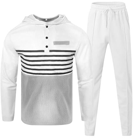 Herren Frühling und Sport Freizeit Kapuzenpullover Gestreift Sweatshirt Langarm Hosen Set Badminton Anzug (White, XXL)