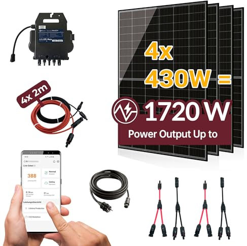 Balkonkraftwerk 1720W Komplettset mit 4 x 430W Bifazial Module Glas-Glas der Marke Sunova Solar, Steckdose, APsystems Wechselrichter, 5 Meter Schutzkontakt-, 4x 2 Meter DC Kabel, PVH 220 Halterung