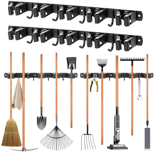 JABNOW Besenhalterung Wand 2 Stück,10 Halter und 8 Haken Gerätehalter Edelstahl,Besenhalter Werkzeughalter Wand für Garagen Garten Küche (schwarz)