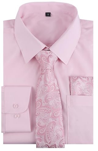 Alizeal Mens Long Sleeve Shirt and Necktie Set Formal Casual Business Wedding Button Down Dress Shirt and Tie Set, Light Pink-M