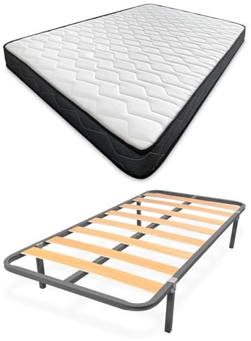 amuéblate Online - Cama Completa con Colchón Fit (Cara Invierno/Verano) + Somier Basic con 4 Patas Abrazadera, 105 x 190