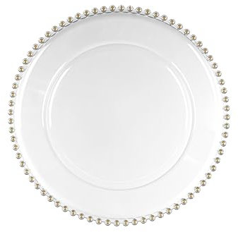 Plato decorativo de plástico con borde de perlas, 32 cm, plato festivo para diferentes ocasiones, plato decorativo de mesa para boda, Navidad, plato transparente, dorado transparente
