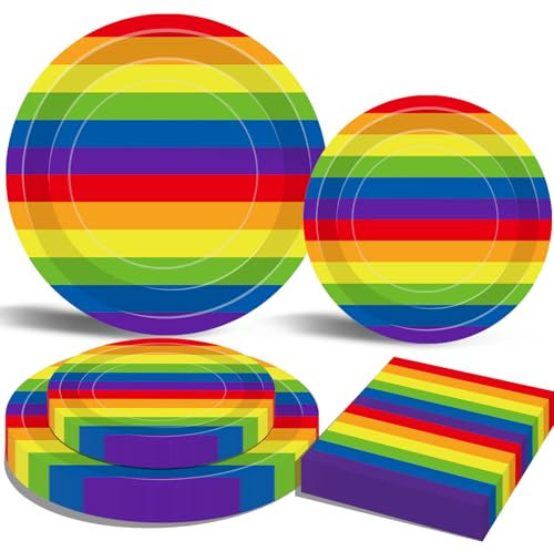 75 Pcs Rainbow Stripes Party Supplies Set - Serves 25, Colorful Disposable Tableware, Includes Paper Plates, and Napkins for LGBTQ+ Pride Month, Birthday, Wedding, and Rainbow-Themed Celebrations