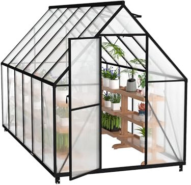 NAIZY Serre de jardin 340 x 180 x 195 cm avec ancrage au sol et base de 6 cm - Plaque PC de 580 g et aluminium de 4 mm - Résistante à l'hiver - Protection UV