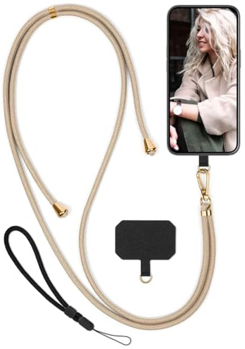 moex Unleash für Samsung Galaxy S25 Edge Handyband zum Umhängen ohne Hülle, Handykette Universal mit Karabiner, Handy Band abnehmbar, Kette mit Pad für Handyhülle, Beige, Gold
