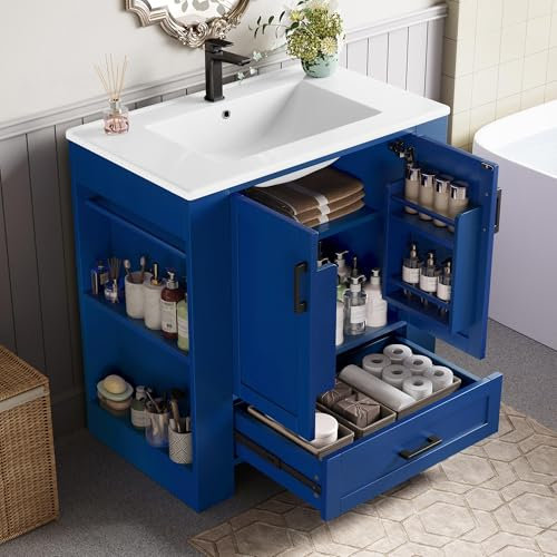 ChouTangYu Armario de baño con lavabo, 76 x 46 x 78,5 cm, azul, armario de doble puerta con cajones y estantes laterales, lavabo de cerámica