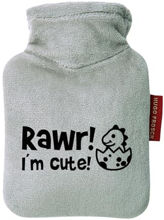 Huuraa Wärmflasche Baby Dino I`m Cute Geschenk | Veloursbezug Geschenkidee mit Motiv Auslaufsicher mit waschbarem Bezug