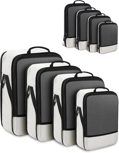 BAGLHER Packwürfel Kompression für die Reise - Extrem platzsparender Koffer-Organizer-Set, wasserdichte Packtaschen, Beige