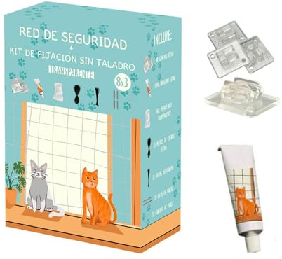 VartAMZ Red Gatos Terraza Transparente (8x3), Kit de Instalacion Sin Taladro (Ganchos) + Adhesivo 50ml, Malla para Gatos Terraza (Transparente), Balcon, Ventanas