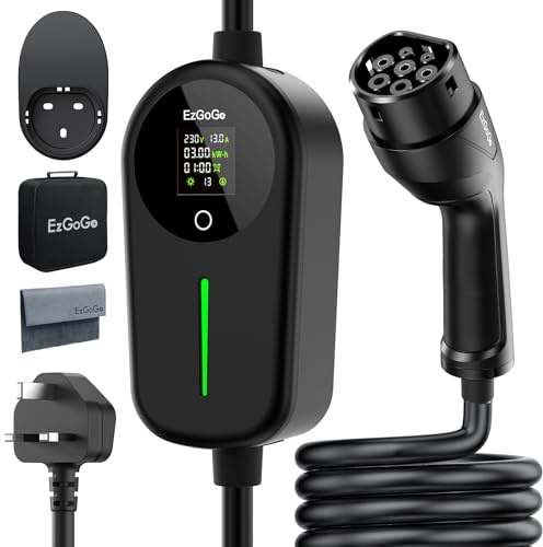 EzGoGo EV Charger 3 Pin Plug 65.62Ft/20M Type 2 Charging Cable 3kW, [6/8/10/13A] Electric Car Charger IP65 Advanced Protection car charging cable Suitable for EVs & PHEVs