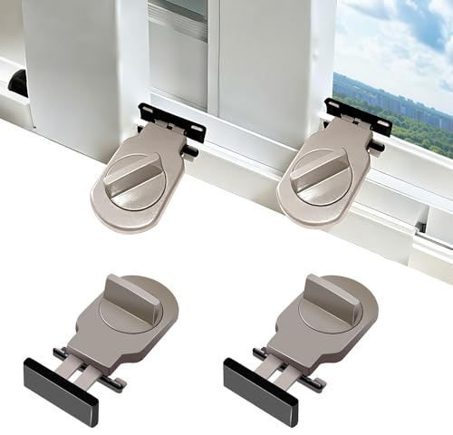 FEIHS 4 Stück Schiebetür Schloss, Schiebetür Stopper, Verstellbare Fensterschl Össer, Schiebefensterverriegelung, Ohne Bohren, Fensterschloss für Schiebetüren und Fenster (Braun)