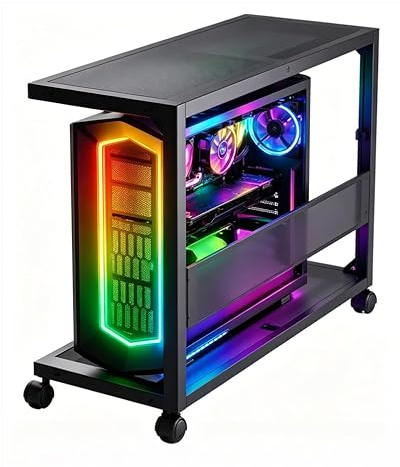 Dyovbze Supporto per PC da posizionare sotto la scrivania, supporto a due ripiani regolabile in altezza con rotelle, supporto metallico resistente per case ATX fino a 55 kg