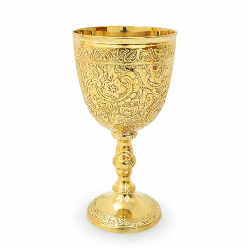 VETERIS Vintage Handcrafted Brass gold Chalice Goblet – Ornate Engraved Metal Wine Cup – Antique Decorative Drinkware – Royal Collectible Gift for Men & Home Décor
