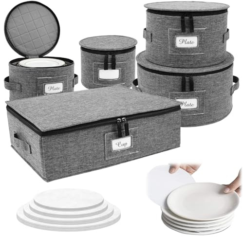 Anihet 5Pcs Dinner Plate Storage Box, China Storage Containers Set with Dividers, Sturdy Quilted Microfiber Dish Organizer Dinnerware Plates Holder for Tableware Cup Glassware Transport Moving