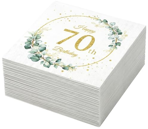 40 Stück Geburtstagsservietten 70. Geburtstag, Eukalyptus Gold Grün Servietten, Tischdeko 70 Geburtstag Frau Mann, Einweg Servietten für 70. Geburtstag Deko Party Supplies (70)