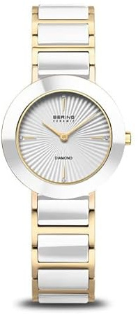 BERING Ceramic Damenuhr, Edelstahl mit Keramikelementen, Bicolor Gold-Weiß, Saphirglas, 4 Diamanten, Quarzwerk, 29 mm