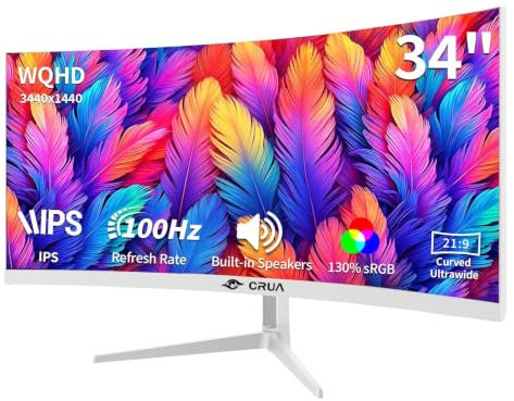 CRUA Moniteur PC 34 WQHD 3440×1440 100 Hz IPS Blanc Incurvé 21:9 100 Hz, FreeSync, 3800R, 130% sRGB, Hauts-Parleurs, 2 HDMI 2.0, 2 DP 1.4, VESA, PIP PBP, bureautique, création, PC, 1000:1
