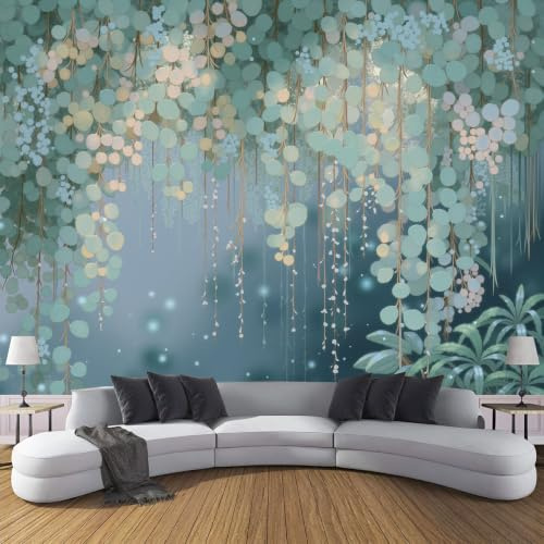 LODMLOER Non-Woven Sage Green Wallpaper Mural,Hanging Plants, Panoramic Wall Mural 250x175cm,Vines Watercolor Leaves Wallpaper for Bedroom Living Room TV Backdrop Hallway Lounge