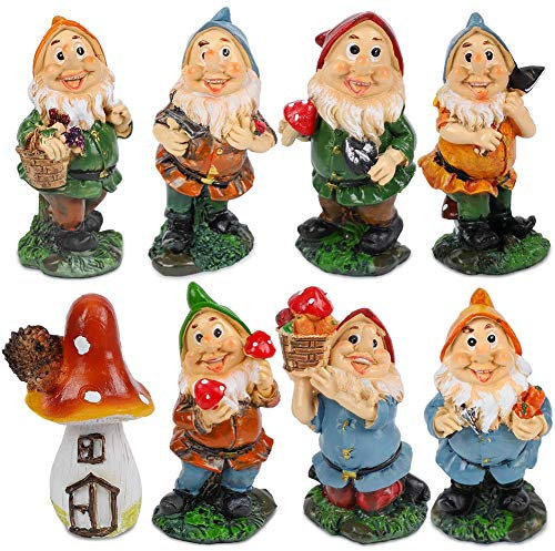 Mini Gnomes Gnomes Lot de fée de jardin avec des champignons et des outils de 7 pcs