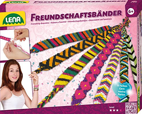 Lena 42689 - Bastelset Freundschaftsbänder knüpfen groß, Komplettset mit 13 farbigen Knüpfgarnen und Fädelperlen, Knüpfset für Kinder ab 6 Jahre, Set mit Anleitung zum Flechten von Schmuckbändern