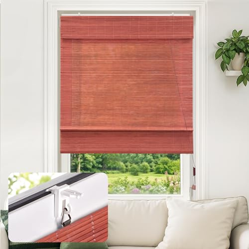 Victoria M. Klemmfix Bambus Raffrollo Sonnenschutz Sichtschutz Rollo Seitenzugrollo ohne Bohren, für Fenster und Türen, 130 x 160 cm, Kirsche