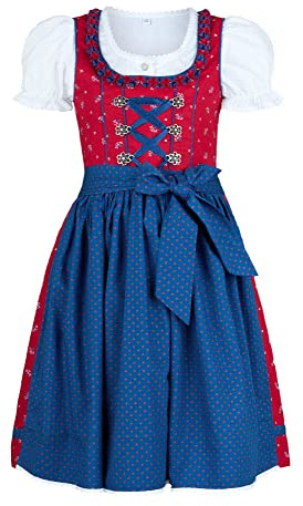 Nübler Dirndl Mädchen - 3 teiliges Set Dirndl Kleid mit Trachtenbluse und Schürze tradtionell - Moderne bayrische Tracht, Emilia Rot