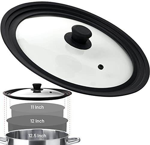 Bezrat Universal Round Lid for Pans, Pots and Skillets Vented Tempered Glass - Graduated Rim Fits 11, 12, 12.5 inch Cookware – Heat Resistant Knob – Food Safe - Microwave Safe – Dishwasher Safe